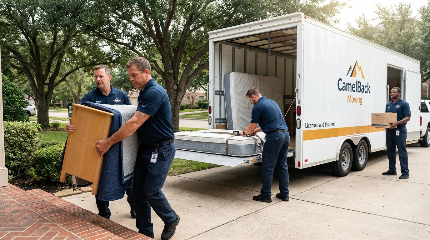 Crew loading residential truck for cross-state move from Rockwell City, IA
