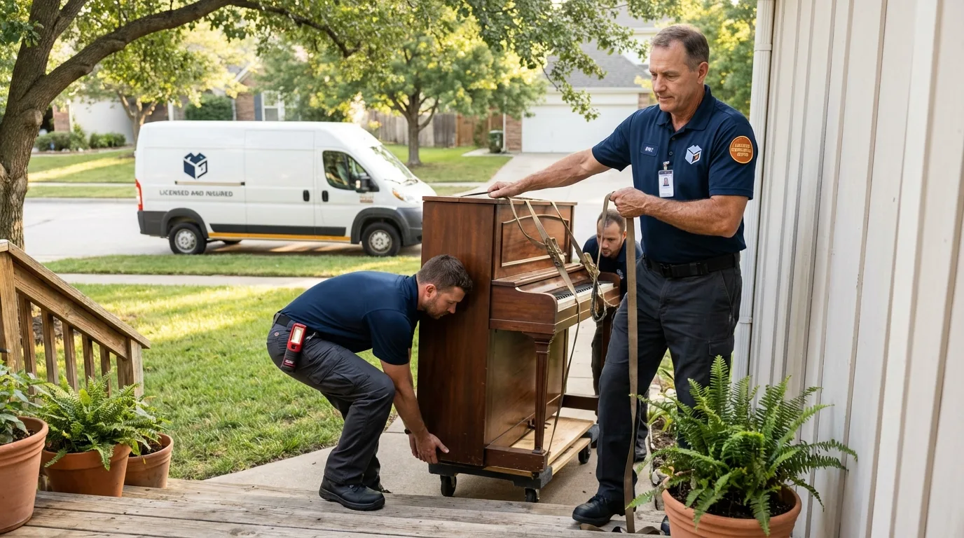 Licensed piano movers securing grand piano in Rockwell City, IA