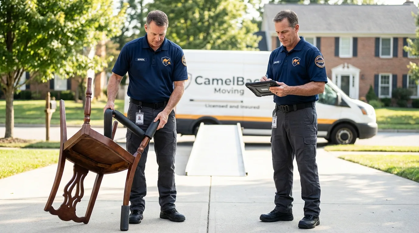 Movers inspecting furniture for damage prevention before loading in Rockwell City, IA