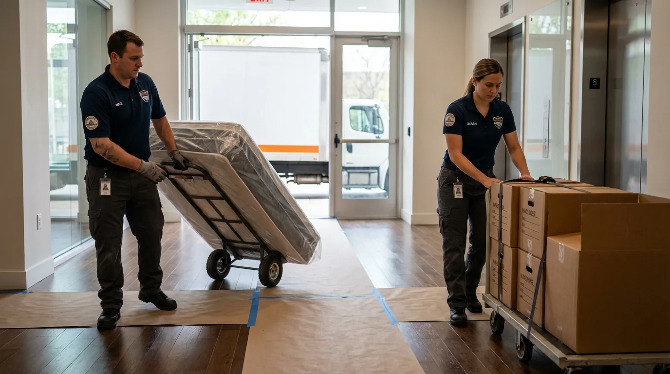 Professional apartment movers loading elevator in Rockwell City, IA