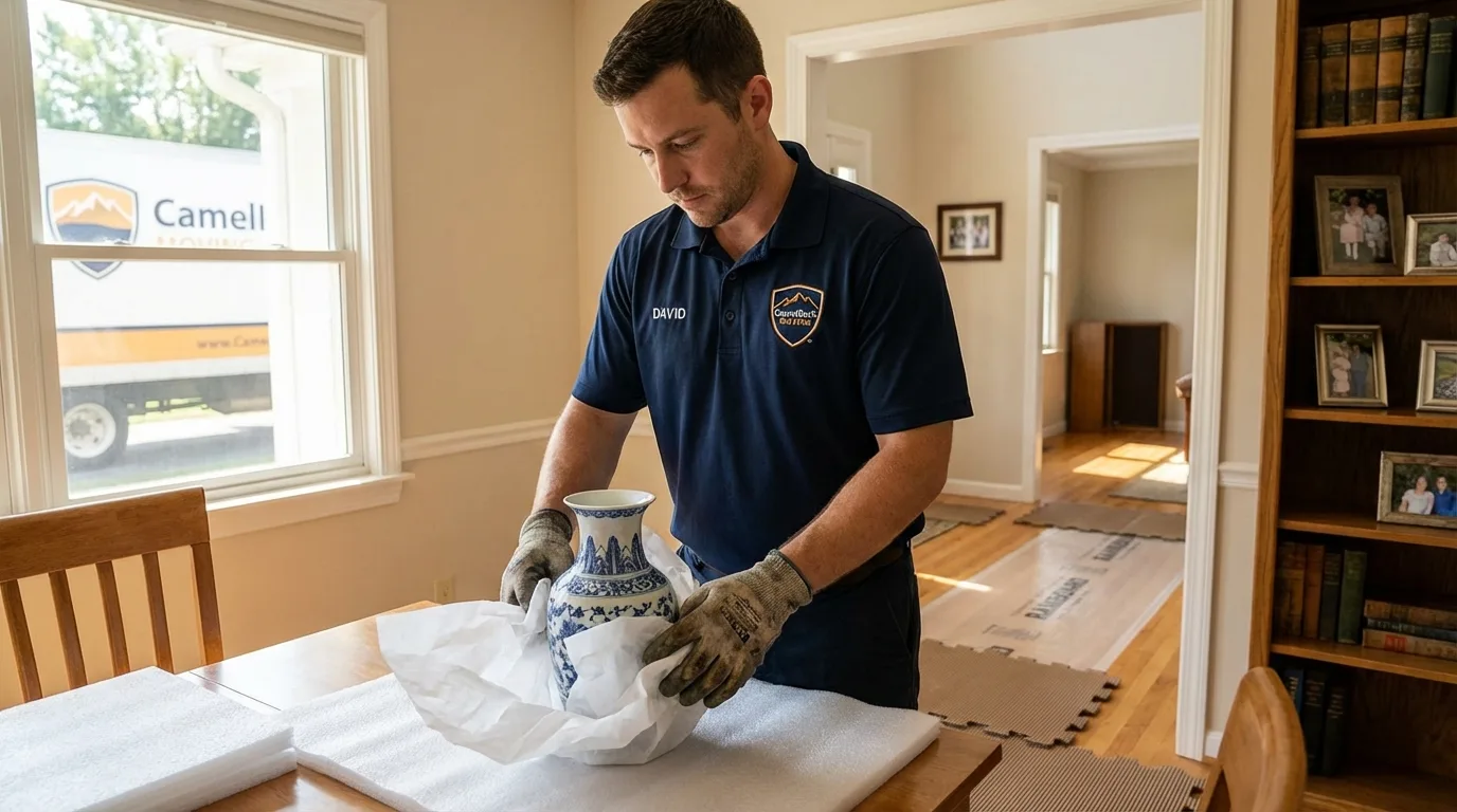 Professional crew carefully wrapping antique vase for senior downsizing move in Rockwell City, IA